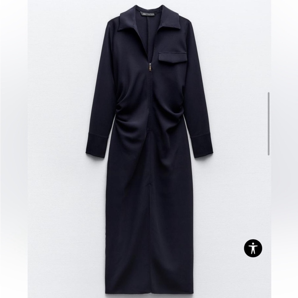 Zara Zipper Shirt Dress Midi ZW Collection Blue Navy Women’s Size L New 9878/075 - Picture 2 of 6